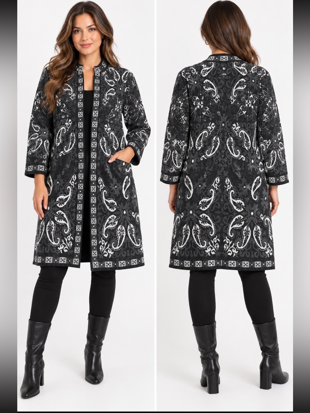Essitam Elegant Black and White Patterned Cardigan NWT
